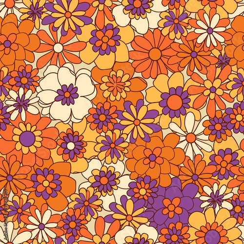 Boho vector background. Floral vintage seamless pattern. Hippie flower power retro textile print. Groovy botanical wallpaper