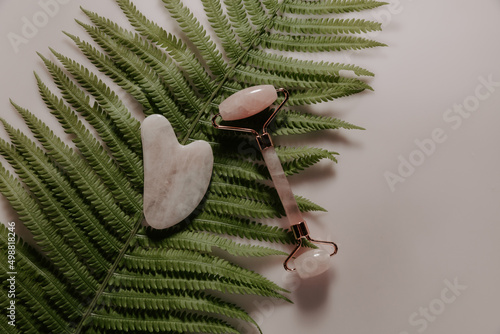 Scincare, beauty and health concept. Massage roller and Gua sha massage scraper with a tropical leaf photo