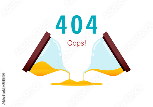 The concept of a 404 error loading a website and wasting time in the form of a broken hourglass.