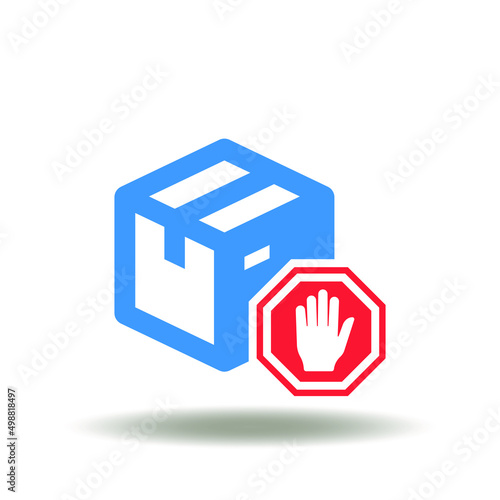 Vector illustration of cube box package stop sign embargo sanctions. Icon of embargo. Symbol of sanctioned goods and products. Sign of restriction provision.