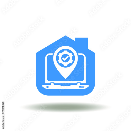 Vector illustration of house and laptop with location marker, gear, check mark. Icon of inhouse work. Sign of house remote web job. Symbol of in house, freelance, outsource.