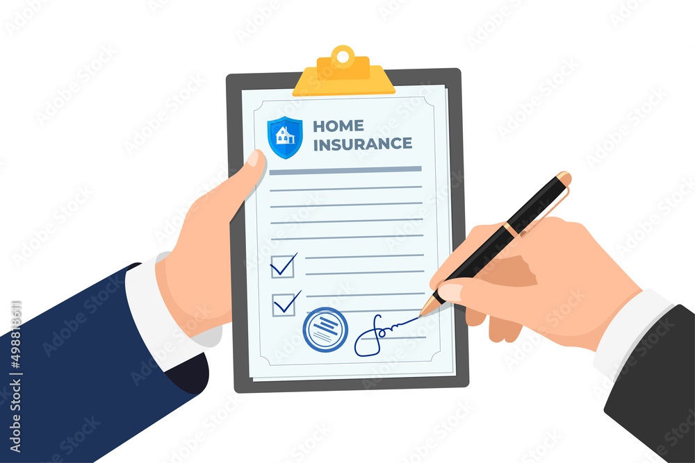 Businessman signing home insurance policy. House protection agreement contract document signature. Property injury risk law legal preparedness. Claim form vector isolated eps illustration Businessman signing home insurance policy. House protection agreement contract document signature. Property injury risk law legal preparedness. Claim form vector isolated eps illustration