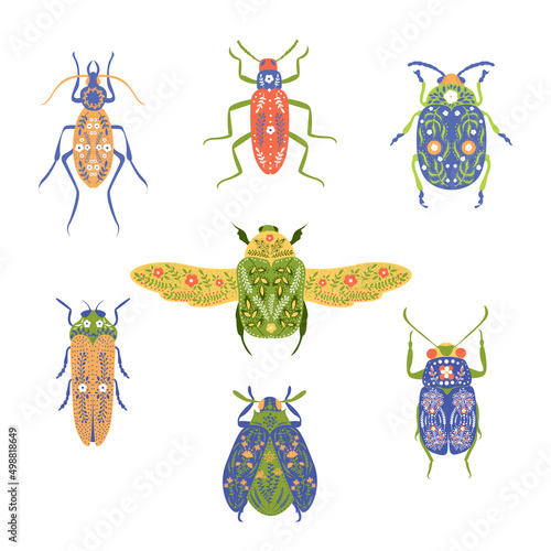 Bug species and exotic beetles icons collection. Various insects set with as Goliath beetle, Frog-legged, Ladybug, Hercules, Tortoise, Colorado potato, Giraffe weevil and other strange bugs in flat.