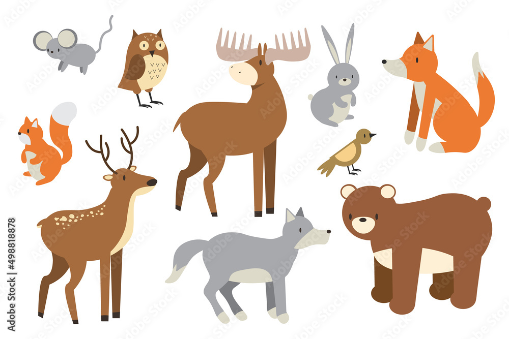 Woodland animals set. Cute fox, bear, wolf, rabbit and birds. Perfect for scrapbooking, cards, poster, tag, sticker kit. Hand drawn vector illustration. EPS