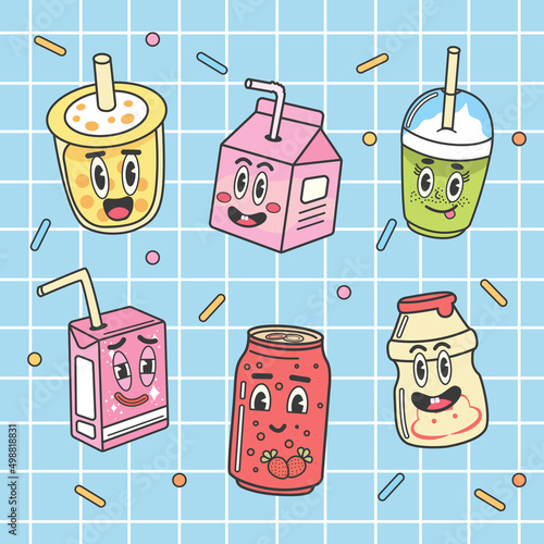 Cute cartoon milk box characters: strawberry, chocolate and regular milk. Kawaii milk cartons with drinking straw and smiling face. Isolated vector clip art illustration set.