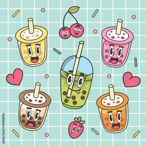 Bubble milk tea funny illustration. Hand drawn kawaii smiled drinks. Cute cartoon vector icon. Colorful milk shake characters isolated on milky background.