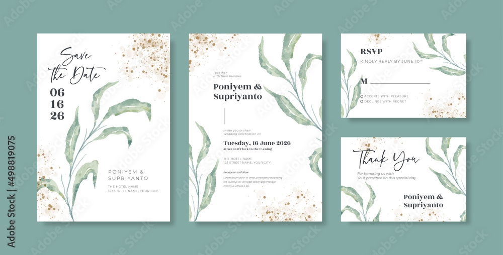 Beautiful eucalyptus watercolor wedding invitation template