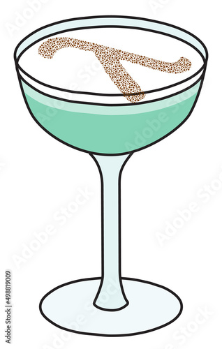 Grasshopper cocktail in coupe glass with lambda LGBT equality sign. For gay bar diversity pride party invitations, cards or stickers. Doodle cartoon illustration isolated on white background.