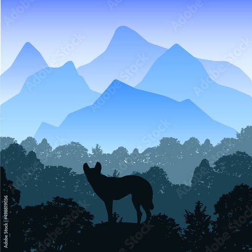 landscape howling wolf stands on a rock. Vector illustration of a black silhouette of a coyote on the background of nature. EPS