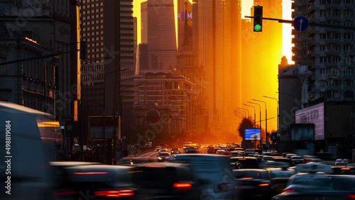 Time lapse of traffic at rush hour during sunset in Arbat street. Moscow, Russia