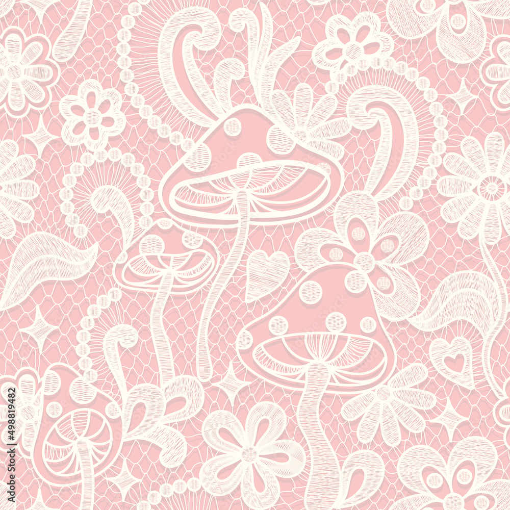 Psychedelic hippie seamless pattern. Lace texture vector illustration. Groovy botanical background with flowers and mushrooms. 60s hippy aesthetique Psychedelic hippie seamless pattern. Lace texture vector illustration. Groovy botanical background with flowers and mushrooms. 60s hippy aesthetique