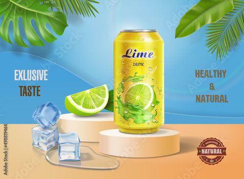 3d lime juice soda ad template retro. Realistic cola can, ice cubes and palm leaf decoration. Vector