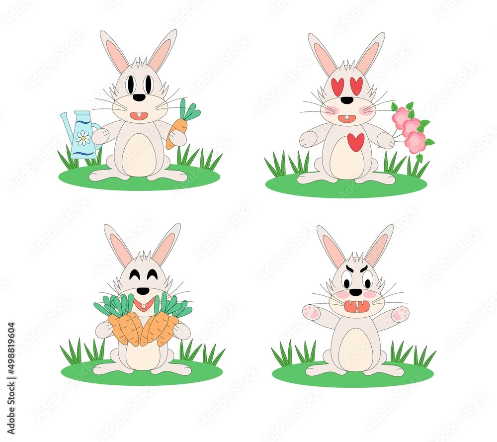 Fototapeta premium Cute_rabbit Rabbit character. Emotions. Rabbit gardener, loving, happy and angry. Vector flat illustration isolated on white background 
