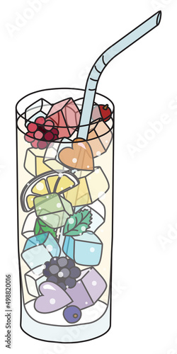 Long fizzy sparkling cocktail Collins glass in rainbow LGBT equality flag colors. For gay bar diversity pride party invitations, cards or stickers. Doodle cartoon illustration isolated on white