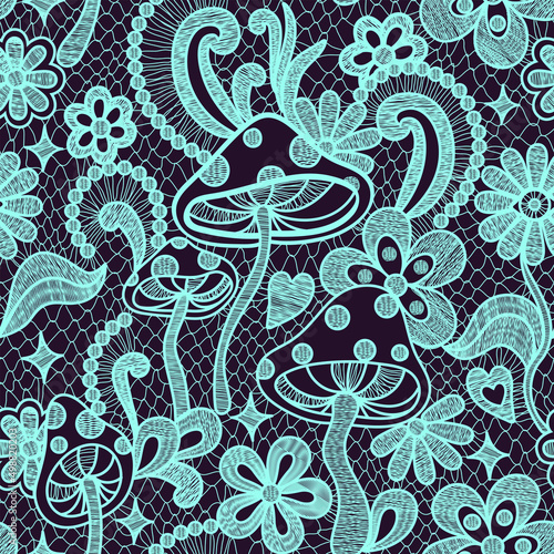 Psychedelic hippie seamless pattern. Lace texture vector illustration. Groovy botanical background with flowers and mushrooms. 60s hippy aesthetique