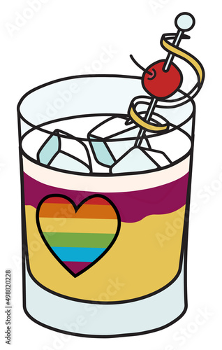 Sour layered cocktail with rainbow LGBT equality flag colors heart. For gay bar diversity pride party invitations, cards or stickers. Doodle cartoon illustration isolated on white