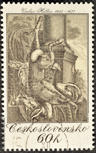 Cancelled postage stamp printed by Czechoslovakia, that shows Hunting theme - Still-life with Hare, by Vaclav Hollar (1649), circa 1975. photo