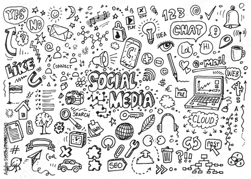 Social media hand drawn doodles, vector illustration on white background photo