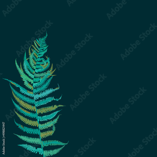 Błękitny niebieski zielony liść paproci motyw roślinny na ciemnym tle 