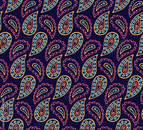 Abstract paisley seamless pattern. Traditional Indian ornamental textile design. Hand drawn vector background.