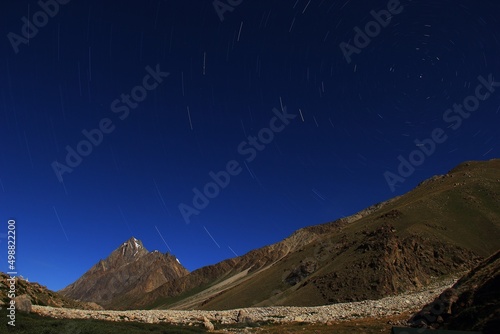 Star Trail around North star, over the sky of Biafo Glacier, around the foothills of famous mountain Baintha Brakk (7284 meters hig) in Karakoram Range, Pakistan. photo