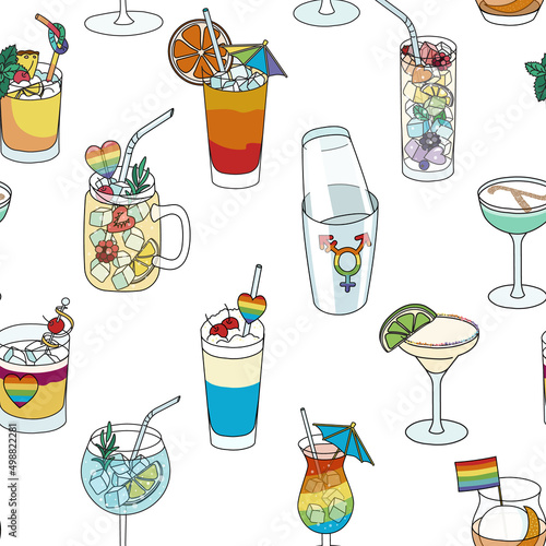 Seamless pattern with bar shaker and cocktails in rainbow LGBT colors. For gay bar diversity pride party invitations, cards or stickers. Doodle cartoon style illustration on white background