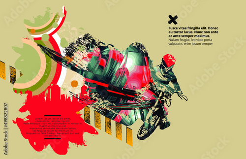 Man riding motobike, extreme sport racing, vector illustration