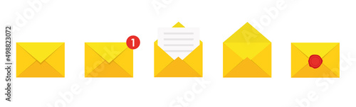 Envelope flat vector icon set. Document enclosed in envelope, closed and open envelope with message. Email, emailing, message, letter, sms. New message, draft. 10EPS.