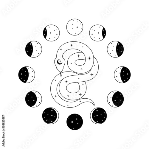 Moon phases and celestial snake in outline style. Spiritual serpent symbol for branding name logo. Esoteric mystical linear silhouette serpent for magic witch craft. Doodle Vector illustration