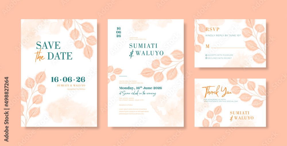 Elegant wedding invitation template with orange watercolor eucalyptus