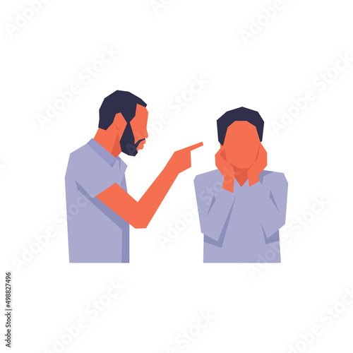 Abusive husband yelling at wife simple flat vector character illustration.