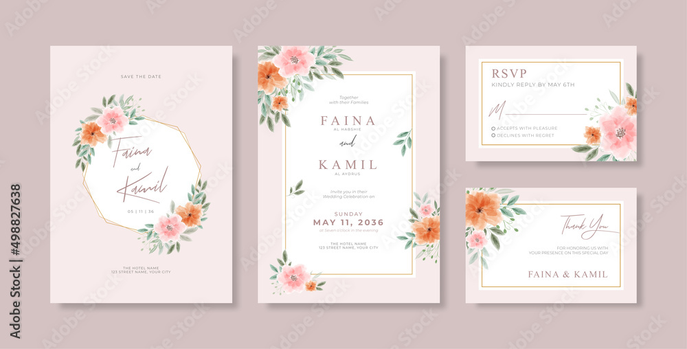Beautiful wedding invitation template with bouquet floral watercolor