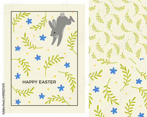 Easter Greeting Card Design with Set of Seamless Patterns. Vector Illustration of Cute Bunny and Florals. Easter Rabbit Holiday Poster