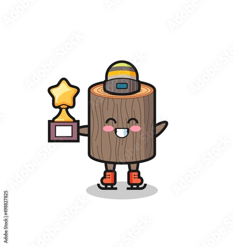 tree stump cartoon as an ice skating player hold winner trophy