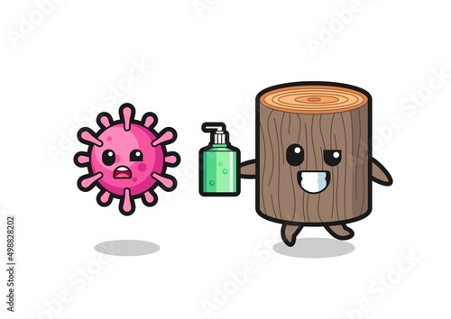 illustration of tree stump character chasing evil virus with hand sanitizer