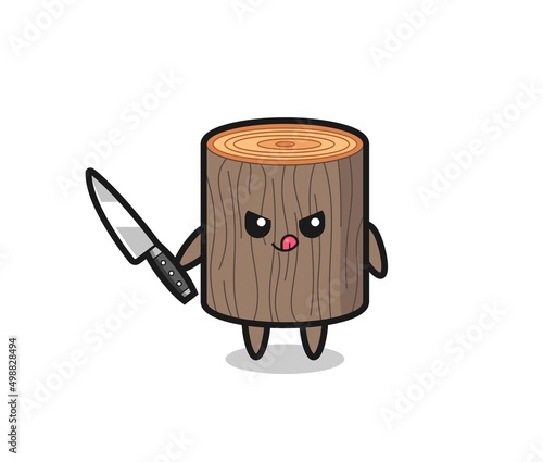 cute tree stump mascot as a psychopath holding a knife