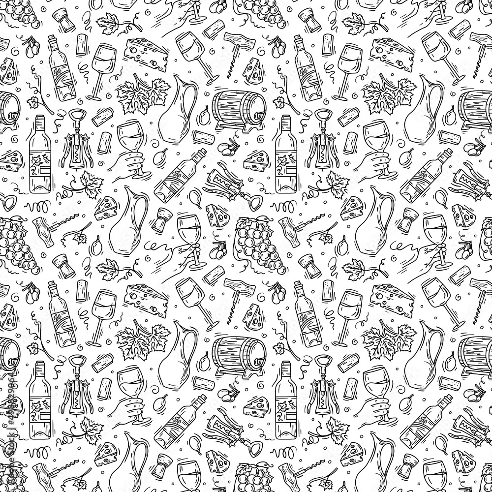 Wine and cheese vector black seamless pattern in Doodle sketch style. Linear grapes and bottles for printing
