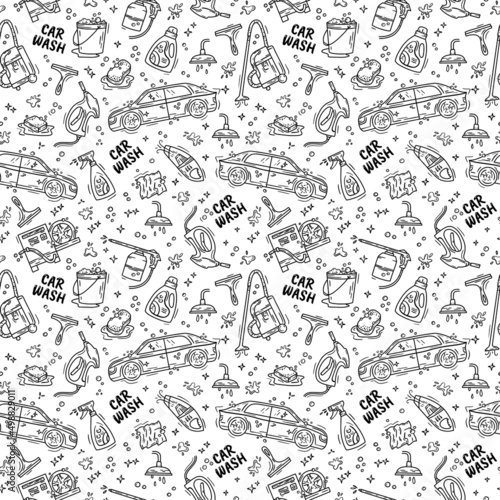 Car wash and detaling seamless pattern with icons in the Doodle style, hand drawing. Auto with high-pressure washer and vacuum cleaner.