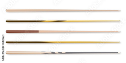 Various wooden billiard cues isolated on white background. Snooker sports equipment. Vintage pool cue. Active recreation and entertainment. Vector illustration
