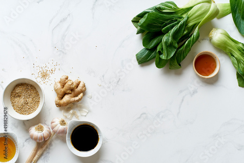 Flatlay with copy space ingredients cooking asian