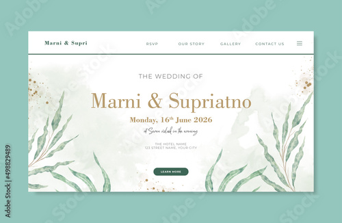 Beautiful landing page for elegant wedding with watercolor eucalyptus