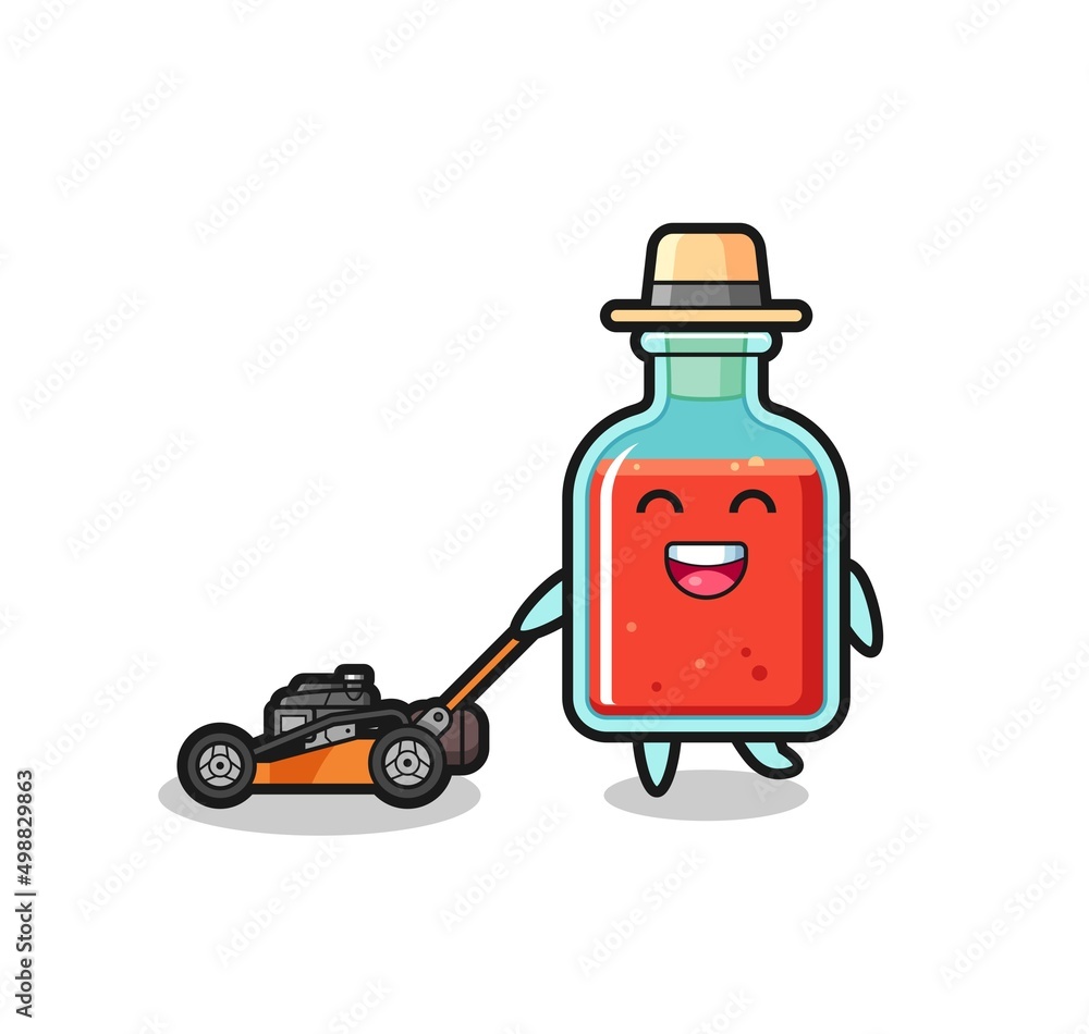 illustration of the square poison bottle character using lawn mower illustration of the square poison bottle character using lawn mower