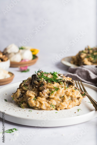 Porcini mushroom risotto on a small plate and topped with fresh dill