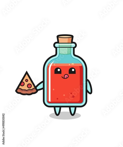 cute square poison bottle cartoon eating pizza