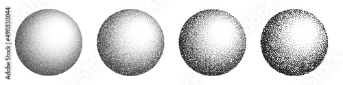 Round shaped dotted objects, stipple elements. Fading gradient. Stippling, dotwork drawing, shading using dots. Pixel disintegration, halftone effect. White noise grainy texture. Vector illustration