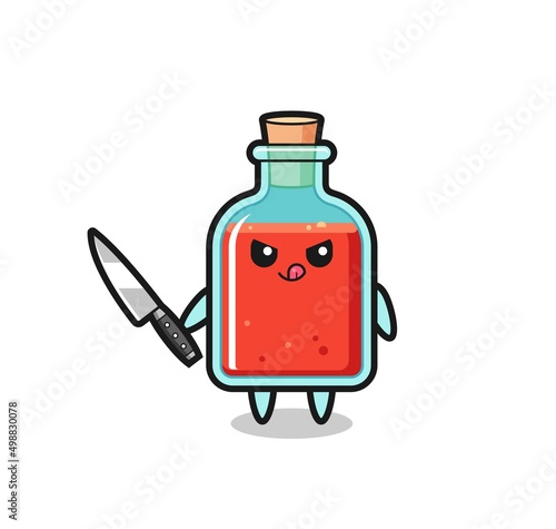 cute square poison bottle mascot as a psychopath holding a knife