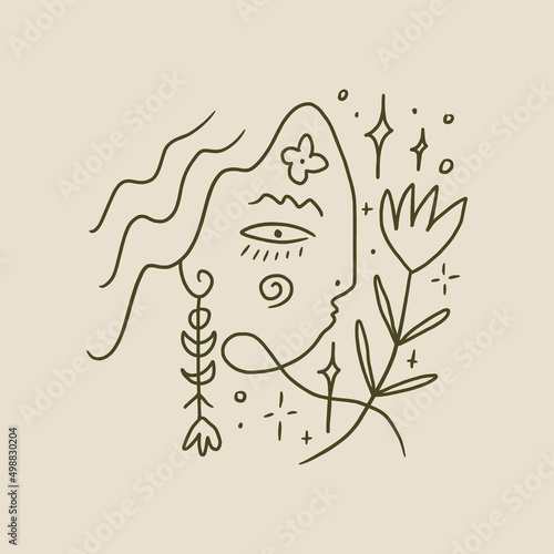 Boho sacred magic woman mystical symbol flat holistic healing meditation Reiki New Age concept modern abstract silhouette vector illustration
