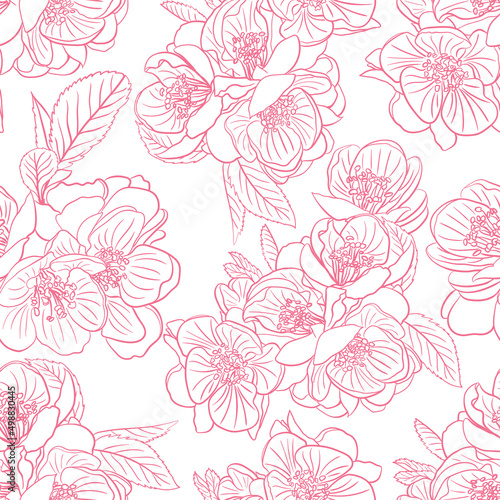 Vector seamless cute pattern of Japanese quince flowers. Silhouettes of pink flowers on a white background. A gentle spring illustration. Hand-drawn in sketch style. Pattern for fashionable prints