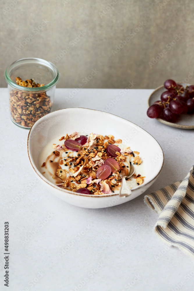 Fruit and yoghurt with sesame oat crumble and tahini date syrup Fruit and yoghurt with sesame oat crumble and tahini date syrup