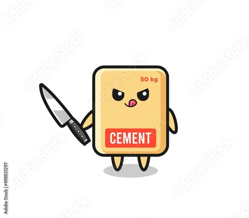cute cement sack mascot as a psychopath holding a knife